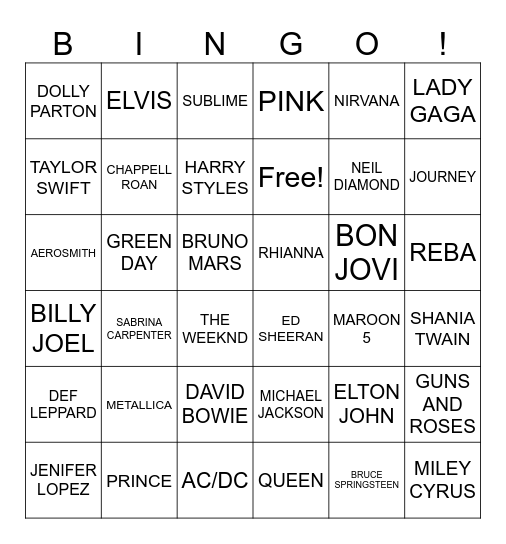 HEAR THE SONG, FIND THE ARTIST Bingo Card