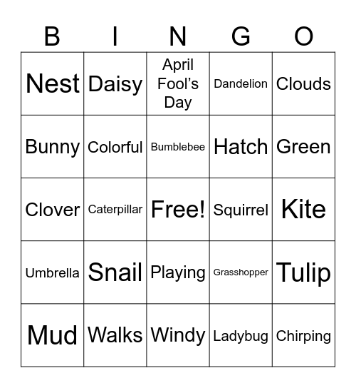 Spring Break Bingo Card