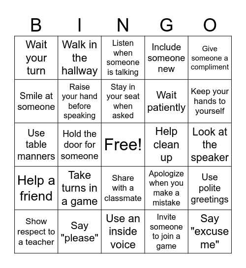 Manners Bingo Card