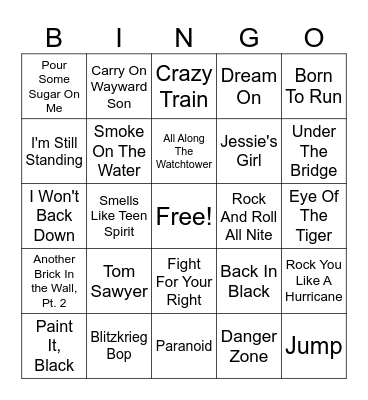 Classic Rock Bingo Card