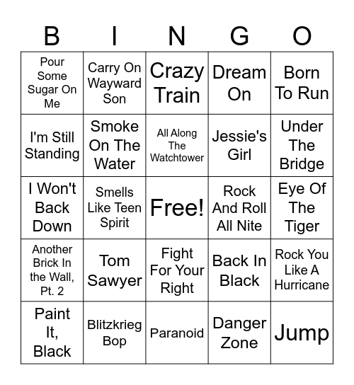 Classic Rock Bingo Card