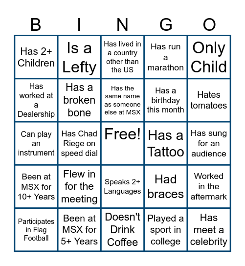 West Region MSX Company Kickoff Bingo Card
