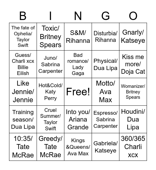 GirlPop Bingo Card