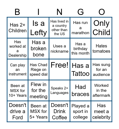 West Region MSX Company Kickoff Bingo Card