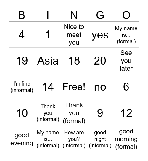 Japanese Bingo Card