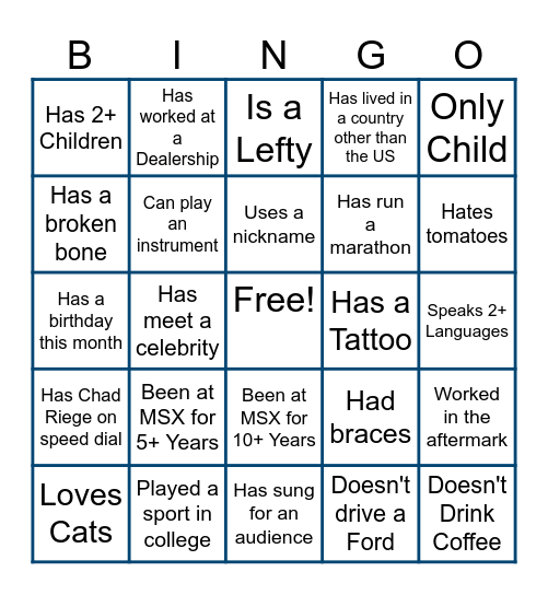 West Region MSX Company Kickoff Bingo Card