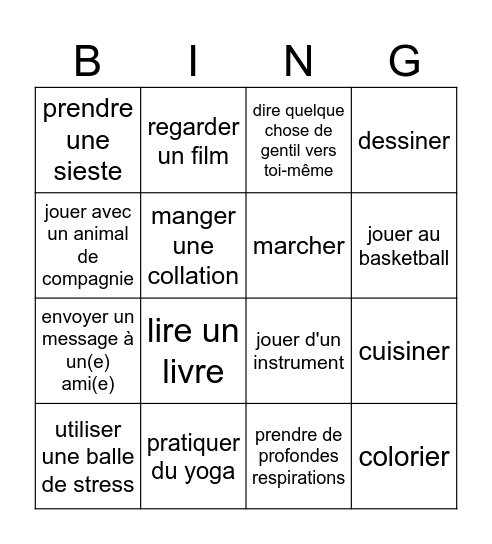 stratégies pour le stress Bingo Card