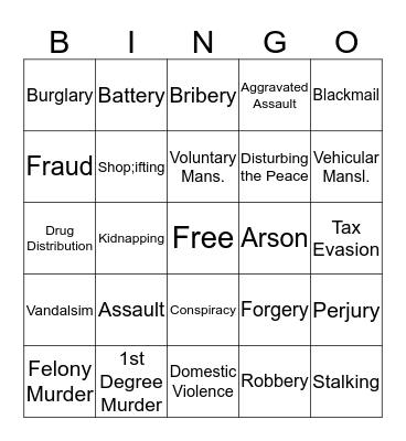 Crimes Bingo Card