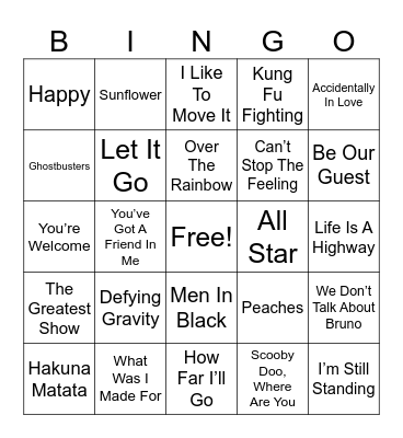 Kids Movie Theme Songs Bingo Card