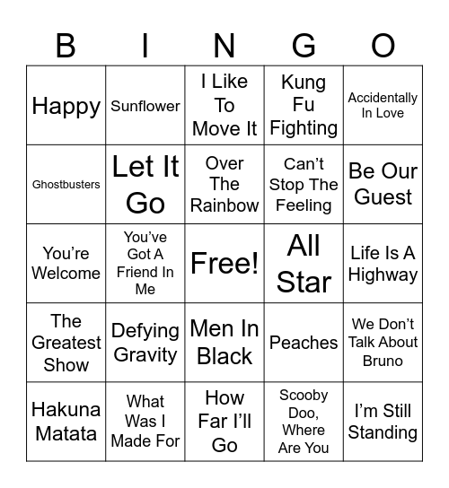 Kids Movie Theme Songs Bingo Card