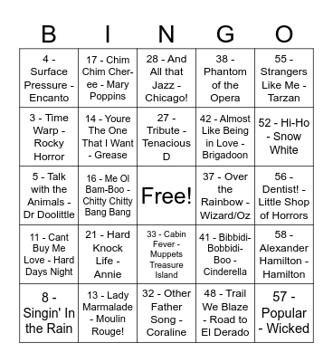 Mystical Musicals Bingo Card