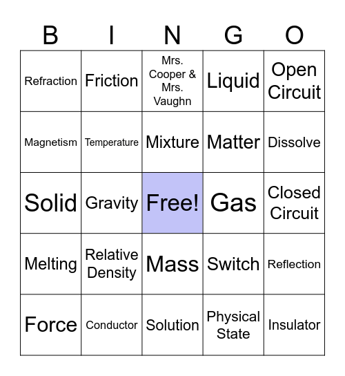 Matter & Force BIG Word BINGO Card