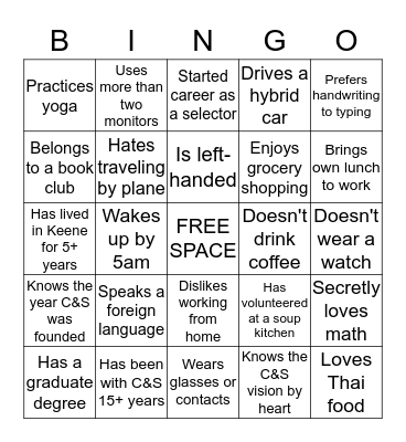 C&S Mingle Bingo Card