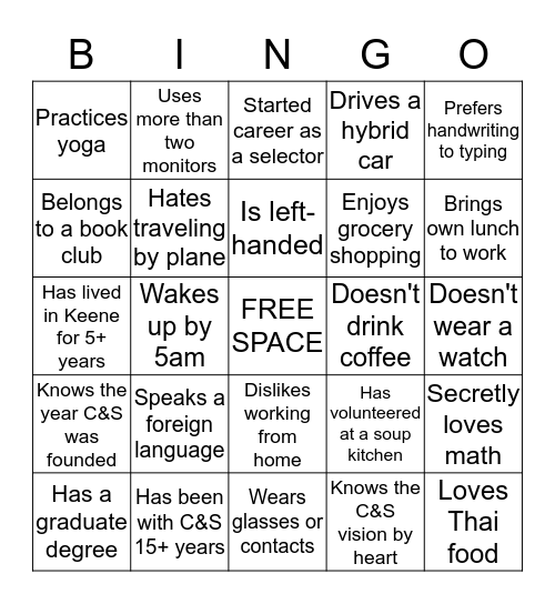 C&S Mingle Bingo Card