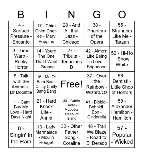 Mystical Musicals Bingo Card