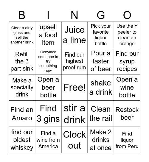 Bartending Bingo Card