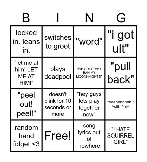 Boyfriend Marvel Rivals Bingo <3 Bingo Card
