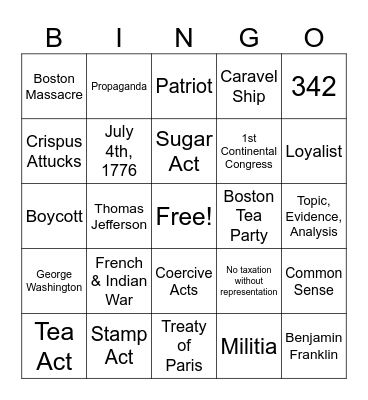 American Revolution #4 Bingo Card