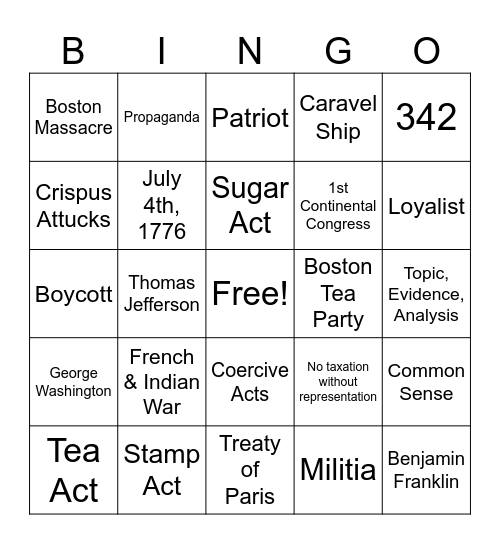 American Revolution #4 Bingo Card