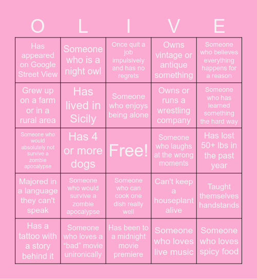 Olive You - Thursday Dating Bingo Card