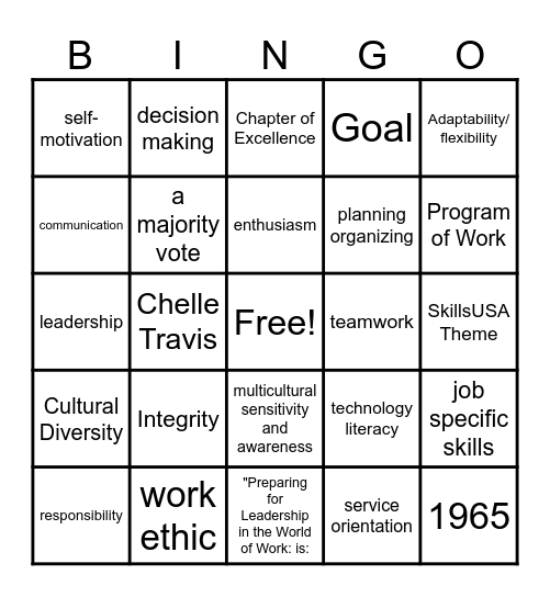 SkillsUSA FRAMEWORK Bingo Card