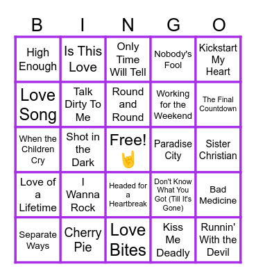 MUSIC BINGO at the Ann Arbor Eagles! 🎸Glam/Hair Metal!🎵🎶 Bingo Card