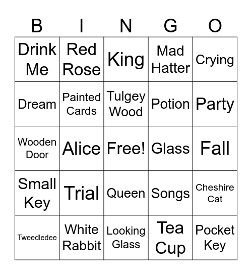 Alice In Wonderland Bingo Card