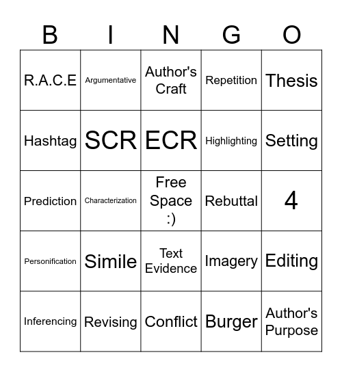 STAAR Review RLA Bingo Card