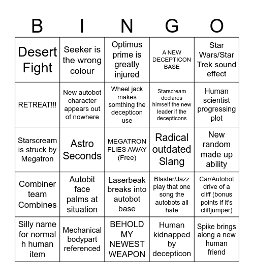 TRANSFORMERS G1 Bingo Card