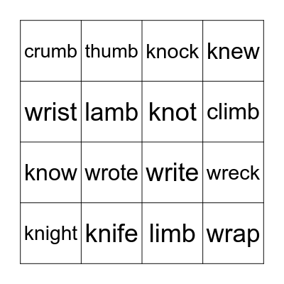 Silent Letters Bingo Card