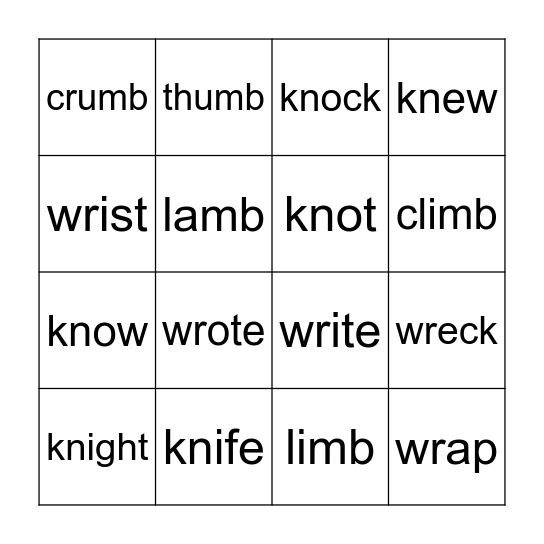 Silent Letters Bingo Card