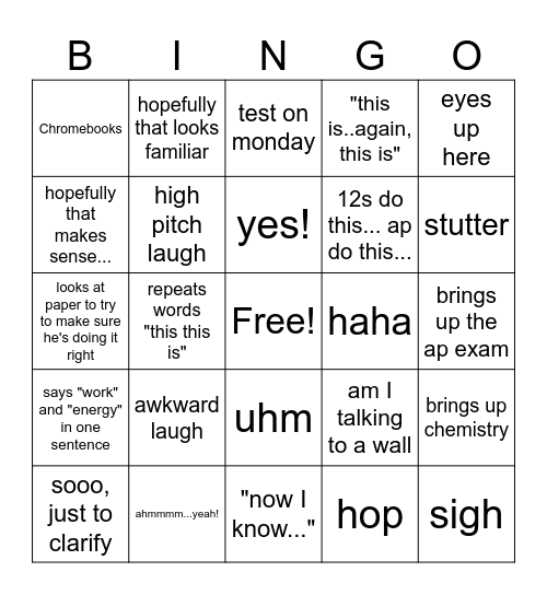 physics Bingo Card