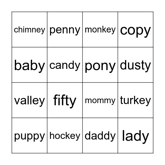 Long e (ey, y) Bingo Card