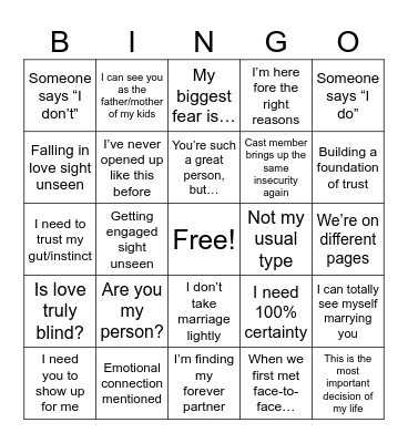 Love is Blind Bingo Card