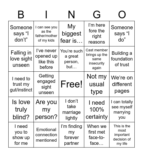 Love is Blind Bingo Card