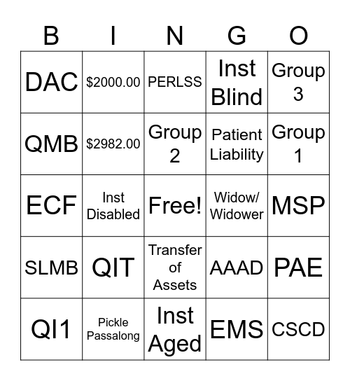 Institutional Medicaid Waiver Bingo Card