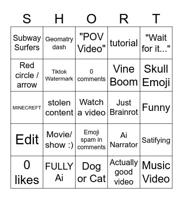 YT SHORTS BINGO Card