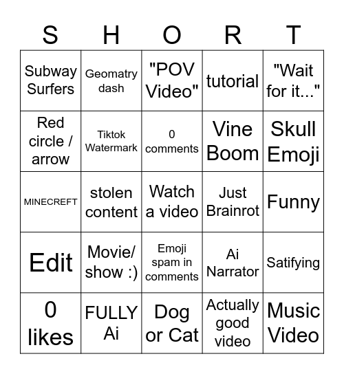 YT SHORTS BINGO Card