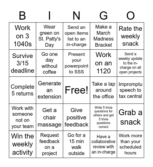 BGBC Bingo - Weeks 9 & 10 Bingo Card