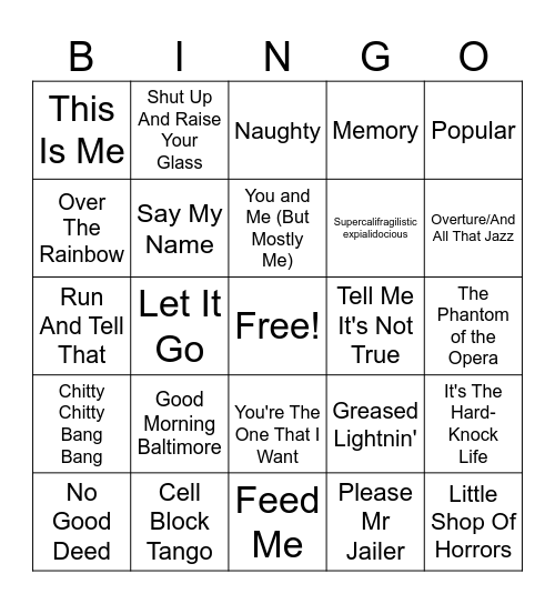 Musicals Bingo Card