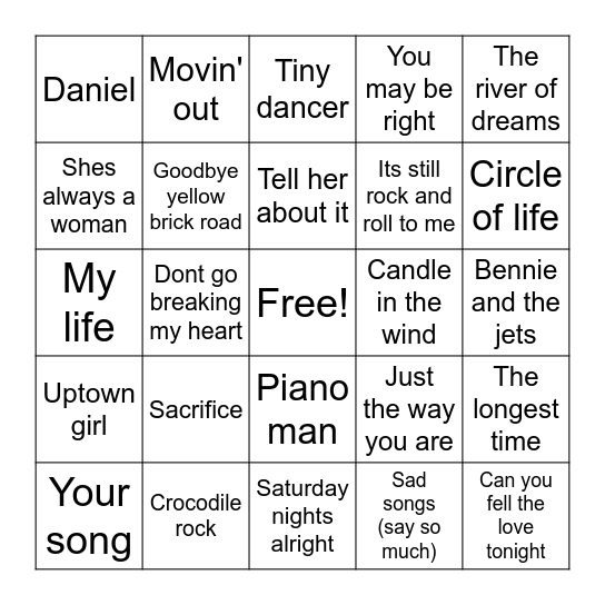 Elton Vs Billy Bingo Card
