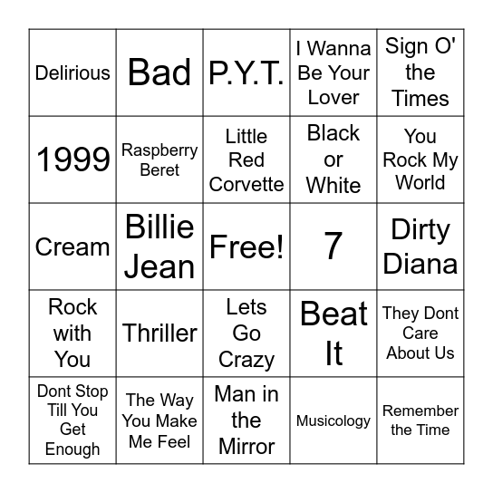 Prince Vs M.J. Bingo Card