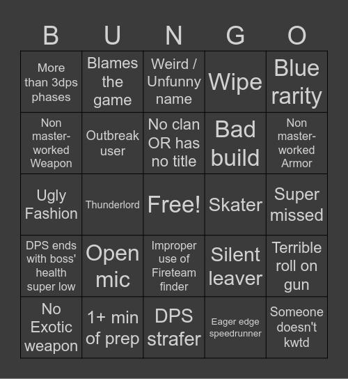 Destiny 2 LFG Bingo (Dungeon Edition) Bingo Card