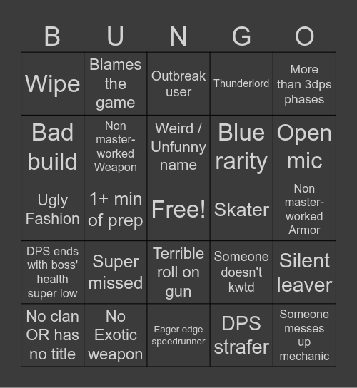 Destiny 2 LFG Bingo (Dungeon Edition) Bingo Card