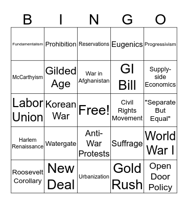 American II Final Exam Review Bingo Card