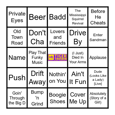 Tiger Tavern Music Bingo 3/5/26 Bingo Card