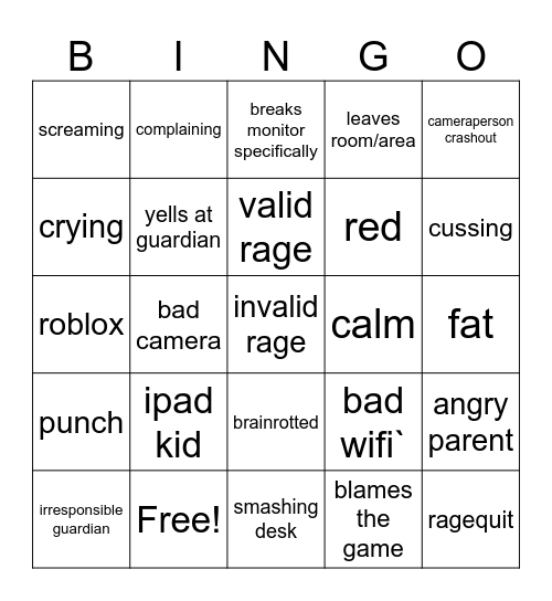 kids gamer rage bingo Card