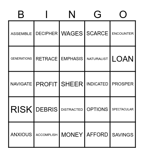 Vocabulary Bingo Card