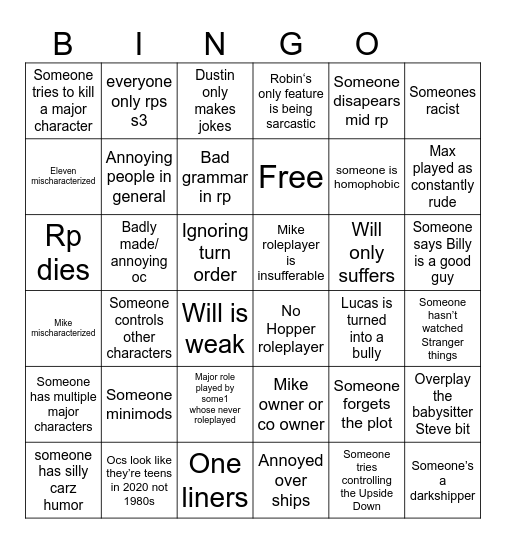Stranger things to bingo Card