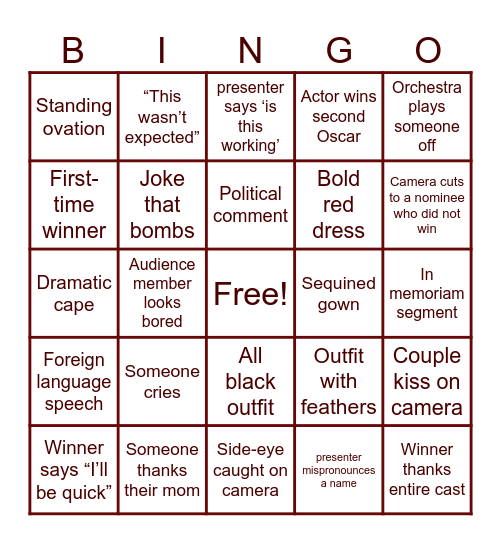 Oscars Bingo Card